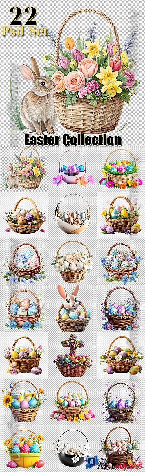 Easter baskets with Easter eggs, rabbit and flowers - psd design templates