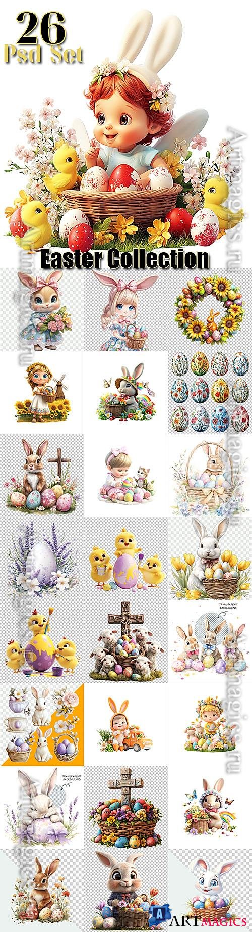 Easter set, cute rabbit, Easter eggs, spring blossoms - psd design template