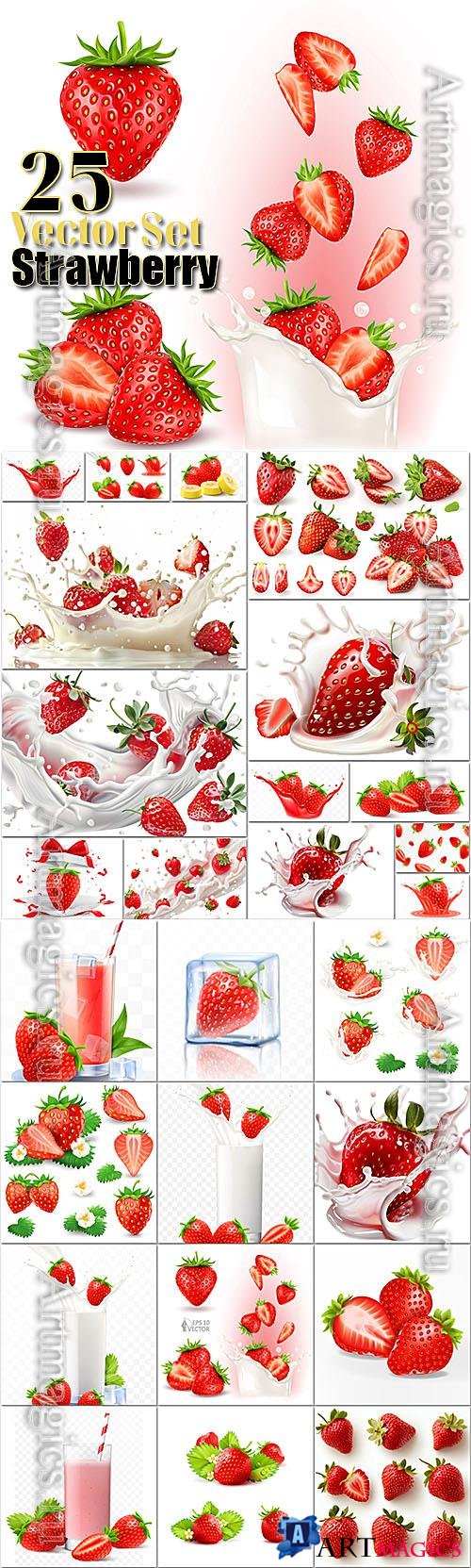 Strawberry vector collection- strawberries in milk, strawberries with ice, strawberries in splashes of water, strawberry flowers