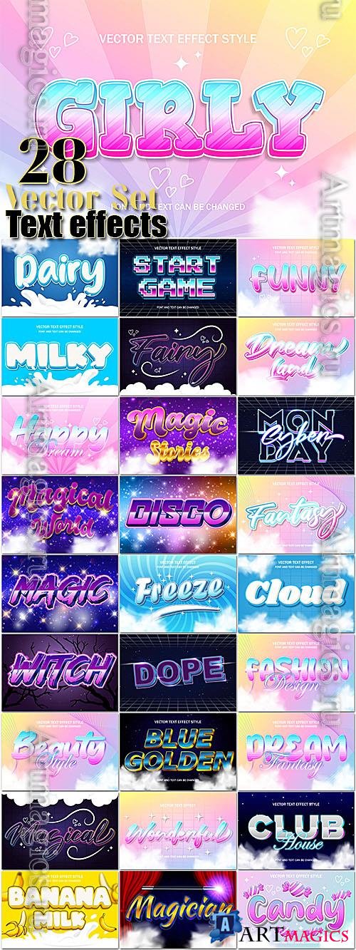 Text effects in vector, 28 illustrations dairy, beauty, cloud, game, disco, candy, magic, milky