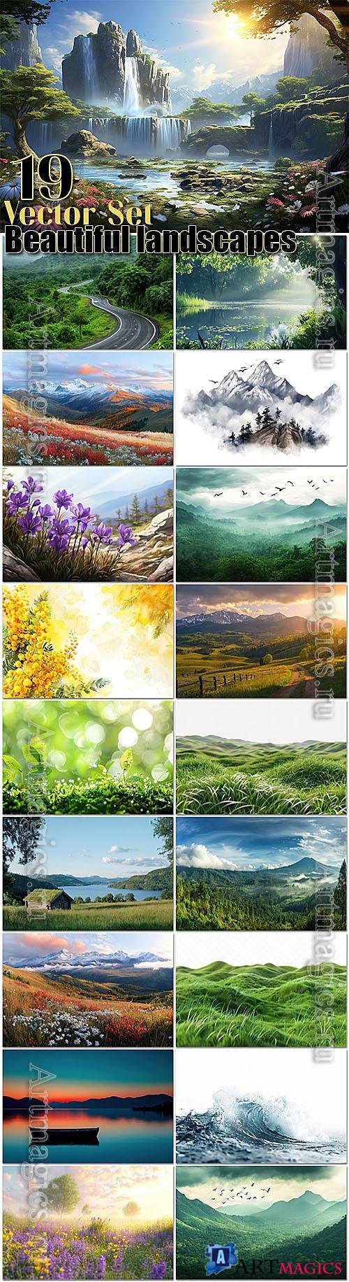 Nature, beautiful landscapes, fields, mountains, waterfalls, sky, flowers and plants - vector collection