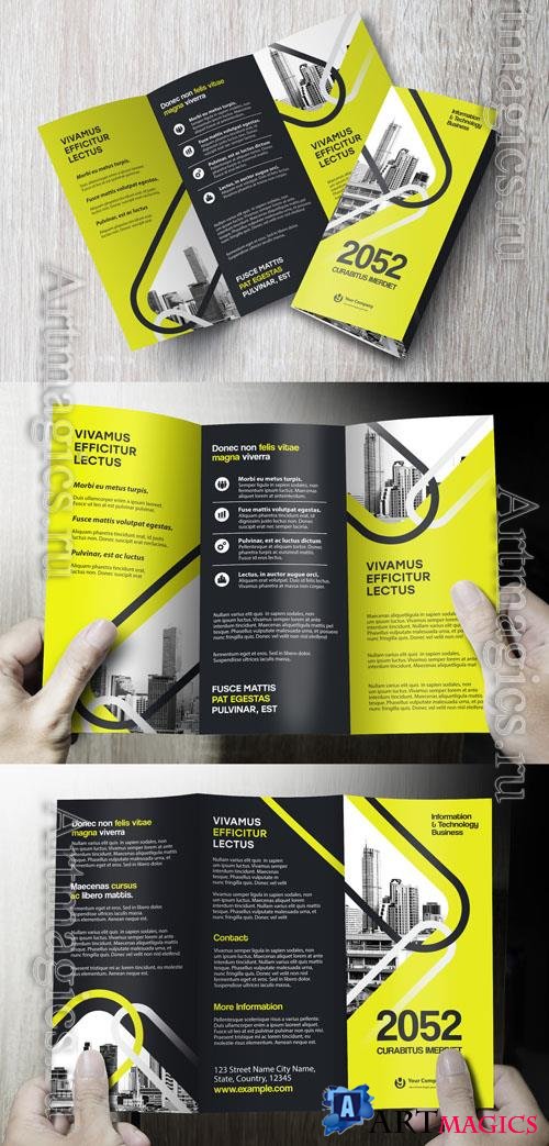 Adobestock - Corporate brochure design template Professional modern tri-fold leaflet with geometric layout and business theme in Yellow and Black_1578583133