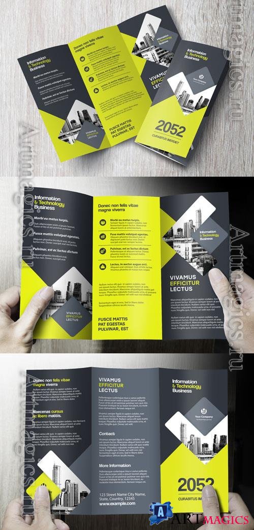 Corporate brochure design template  Professional modern tri-fold leaflet with geometric layout and business theme in Yellow and Black_1612946470