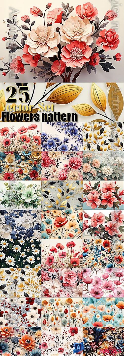 Painting flowers pattern vector 25 set