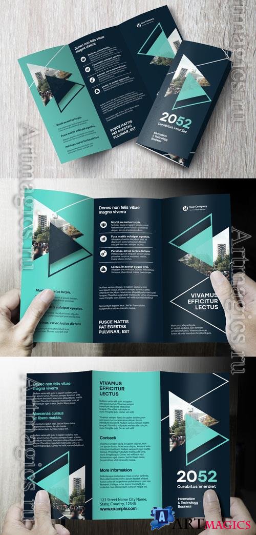 Adobestock - Corporate brochure design template  Professional modern tri-fold leaflet with geometric layout and business theme in green and black_1578583207