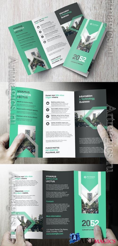 Adobestock - Brochure design corporate template  Professional modern tri-fold leaflet with geometric layout and business theme in Green and Black_1612946539