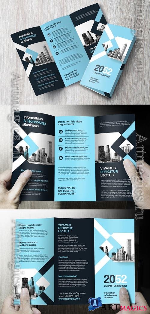 Corporate brochure design template  Professional modern tri-fold leaflet with geometric layout and business theme in Blue and Black_1578583147