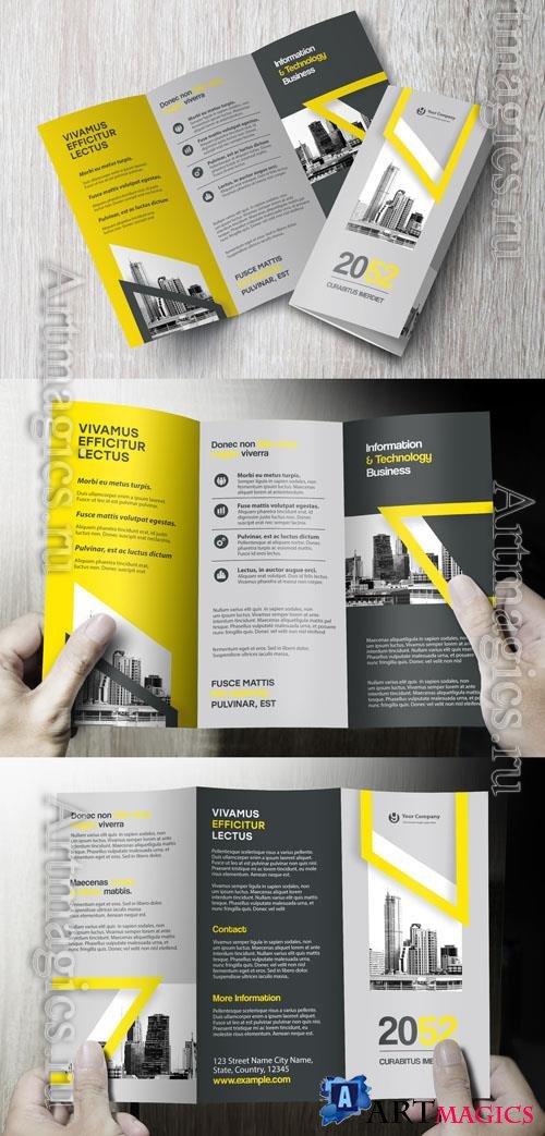 Adobestock - Brochure corporate design template  Professional modern tri-fold leaflet with geometric layout and business theme in Yellow and Black_1612946552
