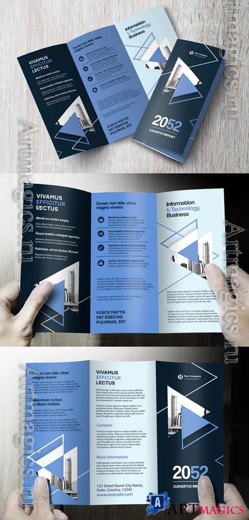 Adobestock - Brochure corporate design template  Professional modern tri-fold leaflet with geometric layout and business theme in Blue and Black_1612946560