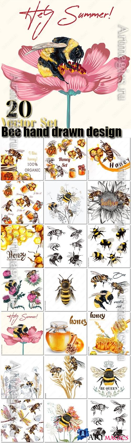 Bee collection of 20 vector hand drawn detailed for design