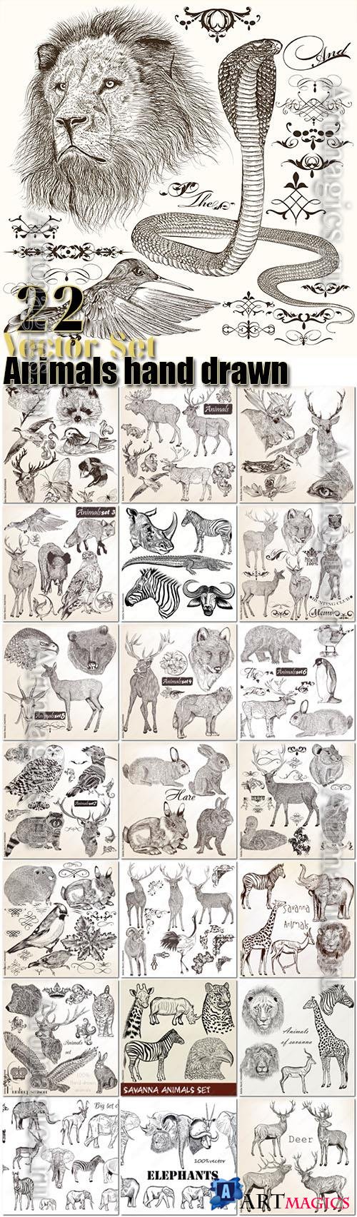 Animals collection of 22 vector hand drawn detailed for design