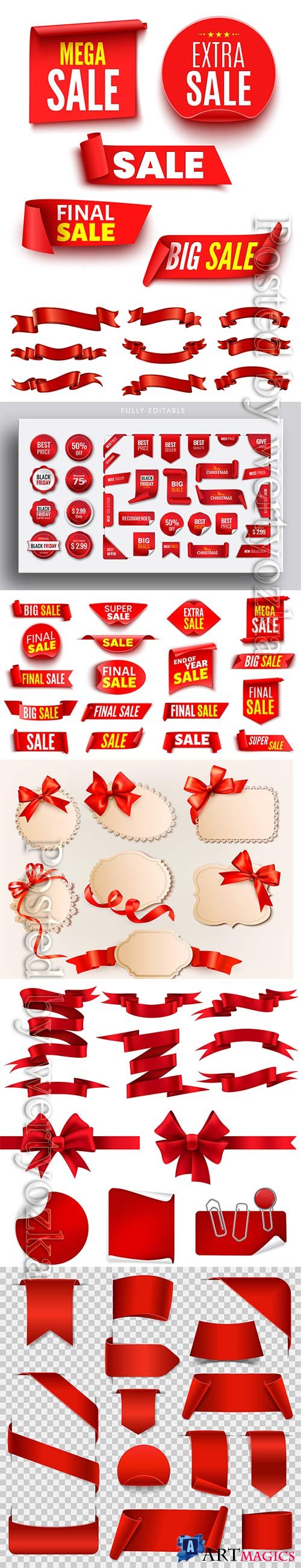 Red ribbon collection pack for event banners and price tag badges