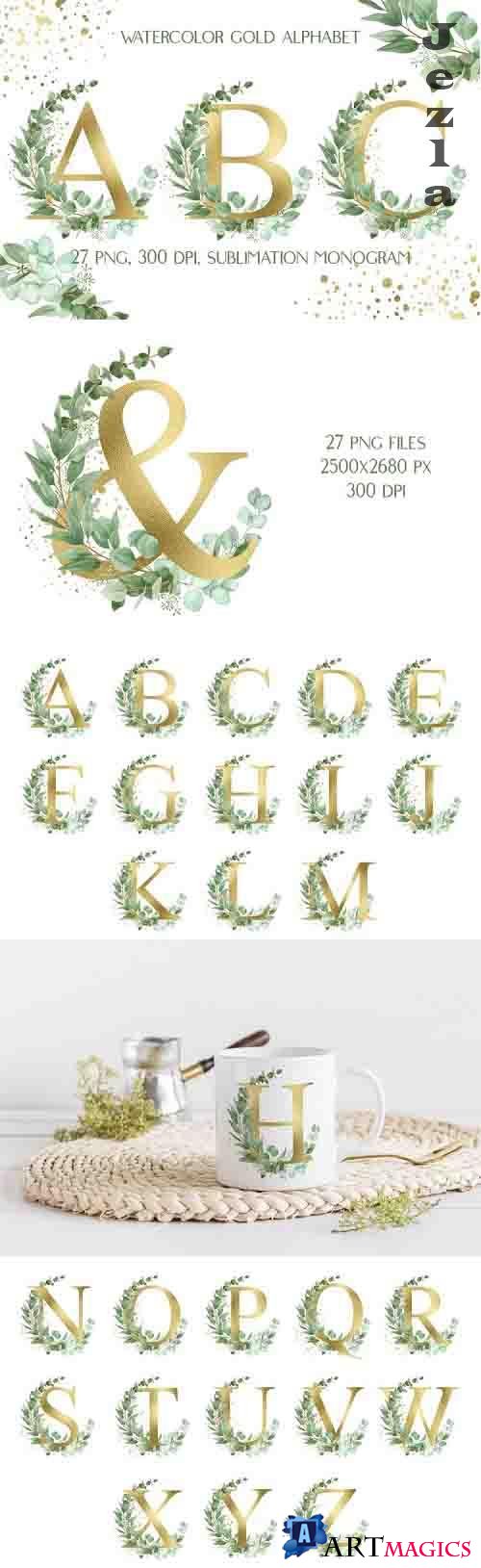 Sublimation Gold Alphabet | Eucalyptus Monogram Clip Art - 1238707