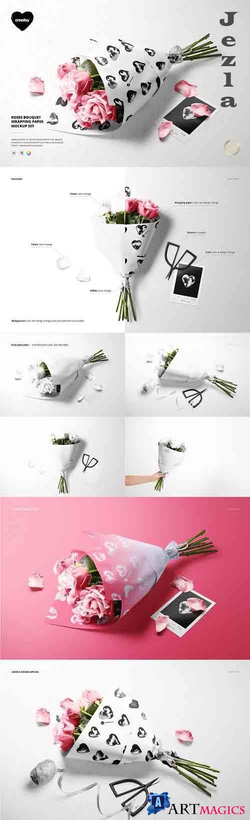 CreativeMarket - Roses Bouquet Wrapping Paper Mockup 5884381