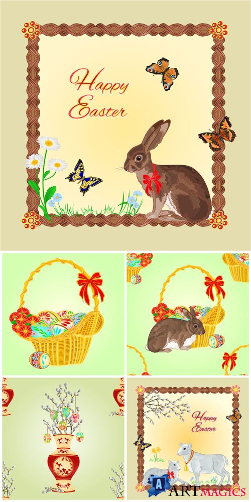 Easter bunny and basket with Easter eggs in vector