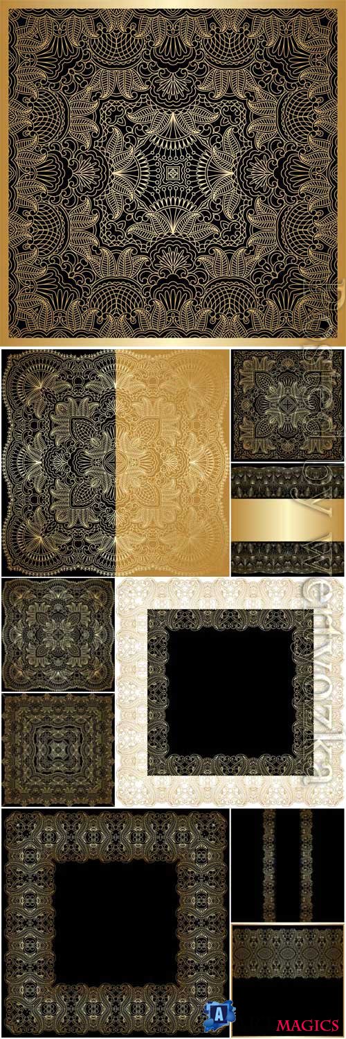 Backgrounds with golden patterns and frames in vector