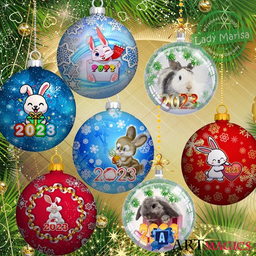 Клипарт на прозрачном фоне - Новогодние шарики с очаровательными кроликами