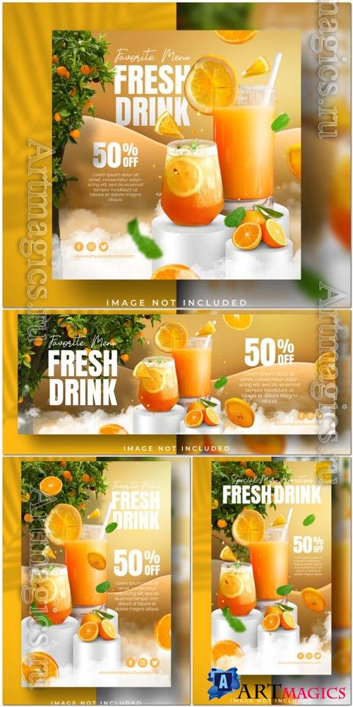 PSD summer fresh drink special new menu promo orange juice for social media post stories banner template