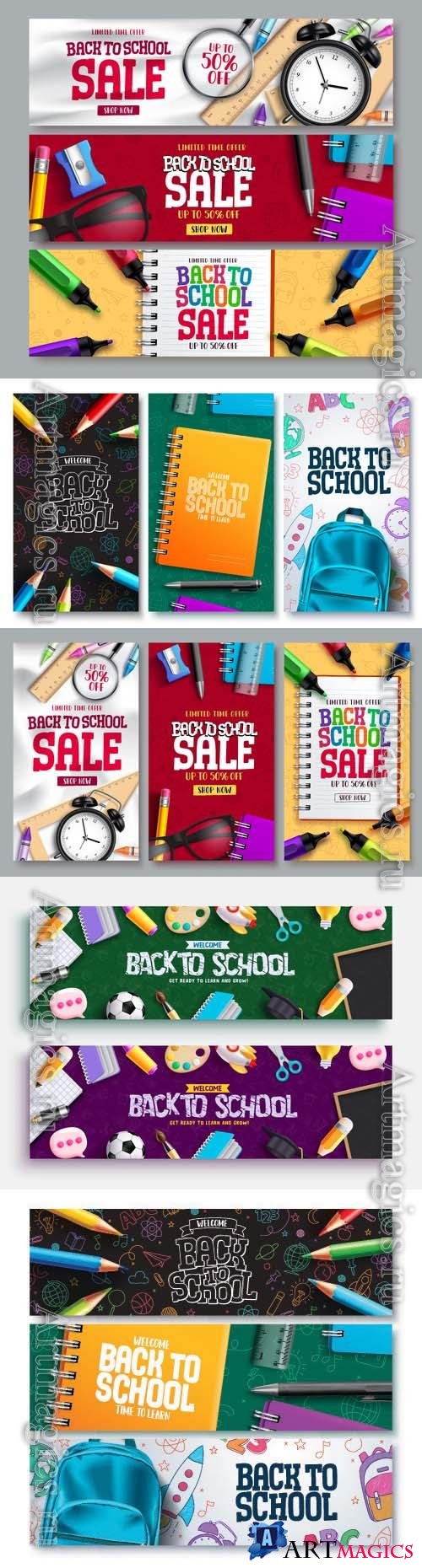Back to school vector banner set design, back to school greeting text with kids educational